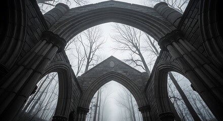 Gothic ruins in a foggy forest