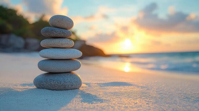 Balanced stacked stones on white sandy beach, peaceful zen nature scene for meditation, balance, and mindfulness themes