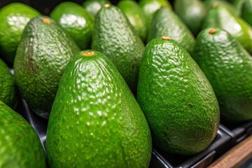 Ripe avocados displayed in a grocery store offer a healthy and delicious food choice for vegan diets and culinary creations.