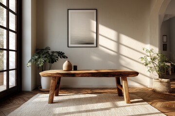 Minimalist interior with wooden bench and plants