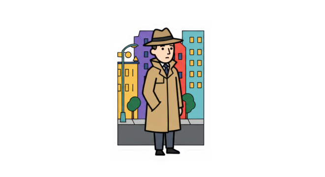 Mysterious Detective Character in Trench Coat on Urban Street Illustration