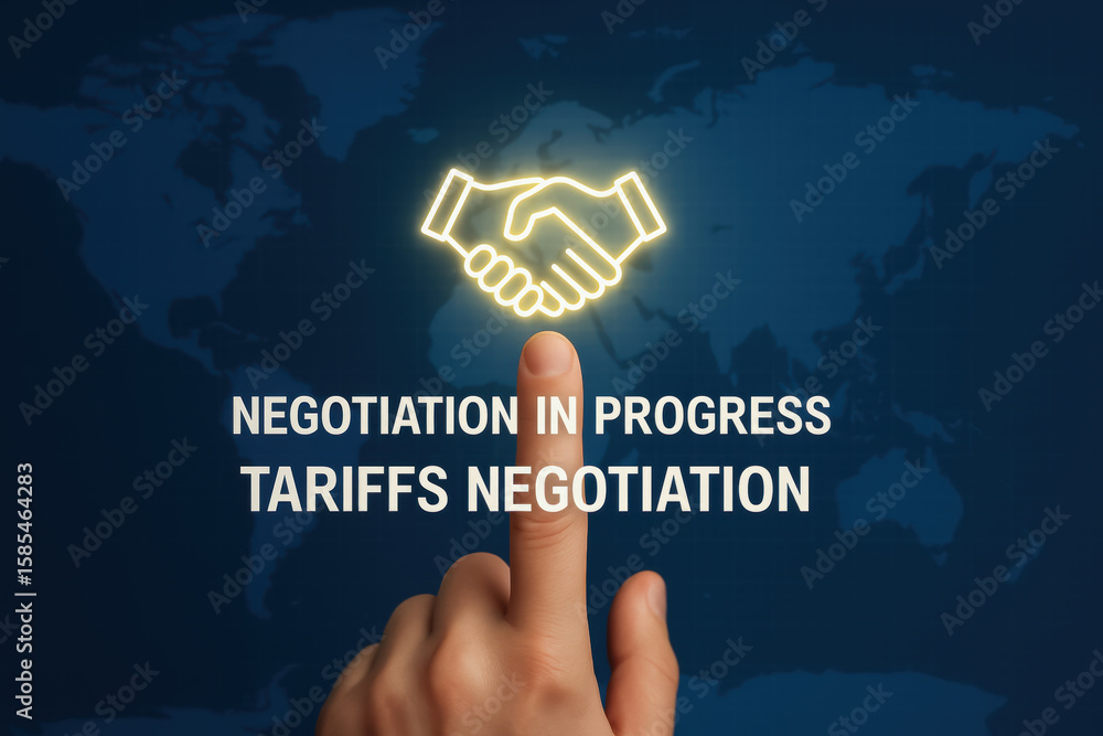 Aufkleber negotiation and tariffs negotiation concepts with handshake icon and finger pointing on dark world m