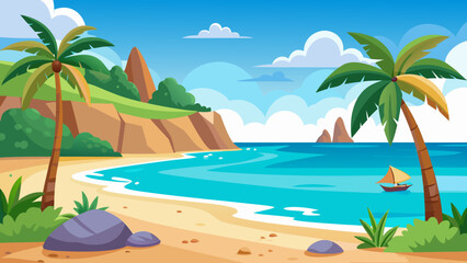 Obraz premium Vector art of a picturesque tropical coastline with palm trees, a sailboat, and unique rock formations in the clear blue water