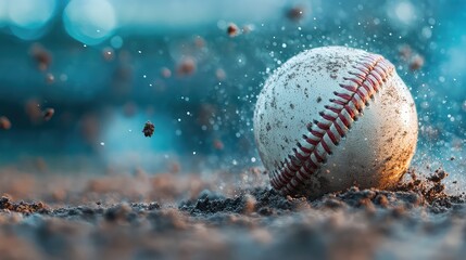Baseball splashing into stadium dirt, dramatic sports action shot with flying particles and high-speed motion freeze