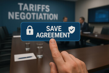 Save agreement concept with finger pressing digital button in business meeting room focused on tariffs negotiation for contract security and trust