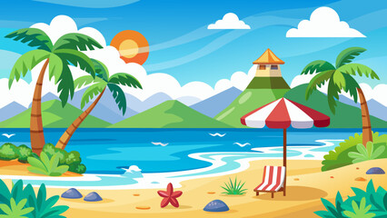 Vector art of a picturesque tropical beach features a red starfish, a lounge chair under an umbrella, and a distant lighthouse against a backdrop of mountains