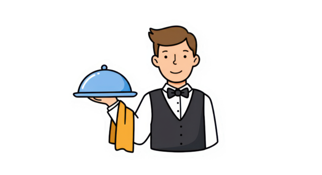Cartoon Waiter Character Holding Covered Plate Illustration