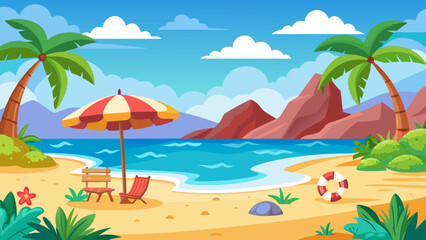 Fototapeta premium Vector art of a beautiful beach scene with palm trees, a striped umbrella, chairs, and a lifebuoy by the ocean
