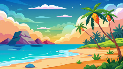 Obraz premium Vector art of a vibrant tropical beach scene unfolds with palm trees, calm ocean waters, and colorful clouds at sunset