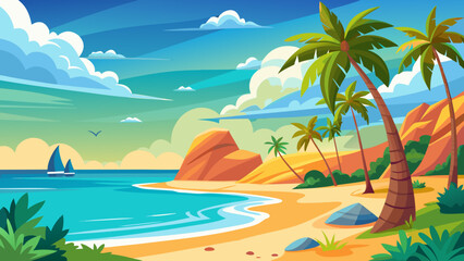 Obraz premium Vector art of two sailboats glide across the turquoise ocean near a tropical beach with palm trees and mountains