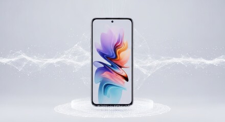 Modern smartphone displaying vibrant abstract wallpaper with futuristic network overlay