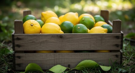 Citrus Burst: A wooden crate overflows with a vibrant bounty of yellow lemons and green limes, nestled amongst lush foliage, embodying the essence of freshness.