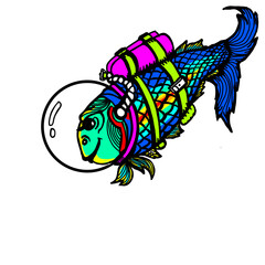Obraz premium Whimsical and colorful fish cartoon wearing scuba diving gear, complete with an oxygen tank and mask. A playful illustration of underwater adventure and marine life.