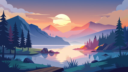 Vector art of a breathtaking mountain landscape at sunset, with a calm lake reflecting the vibrant colors of the sky and clouds