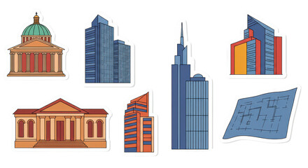 Fototapeta premium Set of Architecture Building Illustrations and Blueprint