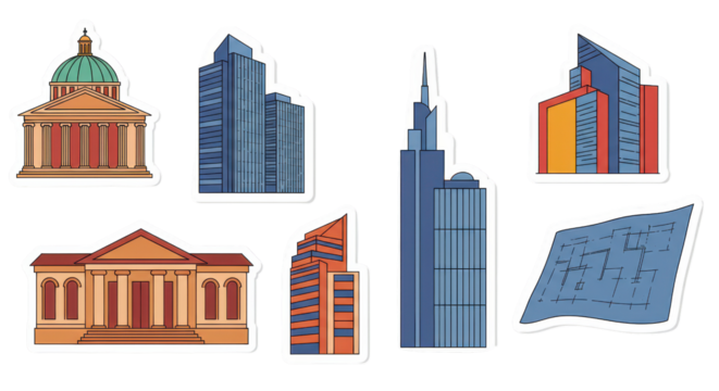 Set of Architecture Building Illustrations and Blueprint