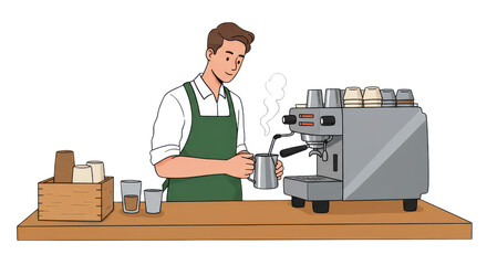 Cartoon Barista Making Coffee with Espresso Machine Illustration