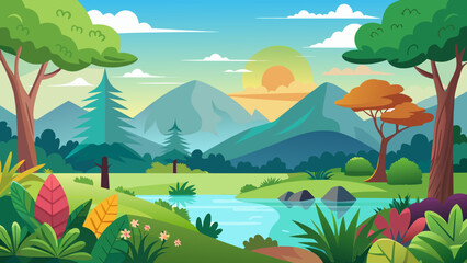 Naklejka premium Vector art of a picturesque cartoon landscape captures a serene river flowing through hills, with mountains, trees, and colorful foliage under a warm sunset sky