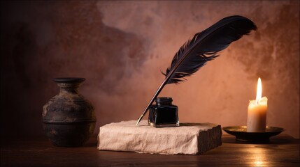 Nostalgic still-life with aged book, inkwell, quill pen, rustic clay vase, lit candle, warm glow, textured background, historical charm, hand-written manuscripts era.