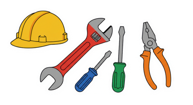 Set of Essential Hand Tools and Hard Hat Sticker Illustration