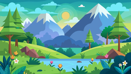 Vector art of snowcapped mountains rise majestically over a serene river valley, adorned with trees and wildflowers under a clear blue sky
