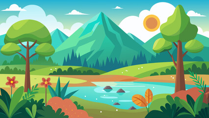 Vector art of a picturesque cartoon landscape with a central green mountain, a clear river, and stylized trees under a bright blue sky with sun