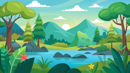 Vector art of a peaceful cartoon landscape with evergreen trees, a calm river, distant mountains, and a bright sun partially hidden by clouds, creating a serene atmosphere