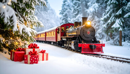 Naklejka premium Red Steam Train on Snowy Tracks with Christmas Gifts