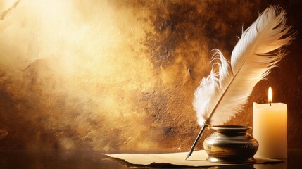 Vintage writing scene with white quill pen, delicate feathers, aged parchment, ornate metallic inkwell, intricate designs, warm candlelight, golden-brown textured background.