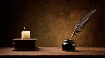 Softly-lit white candle on ornate wooden box with elegant quill pen in inkwell, warm brown textured wall, vintage cozy atmosphere evoking old-fashioned writing and quiet contemplation.