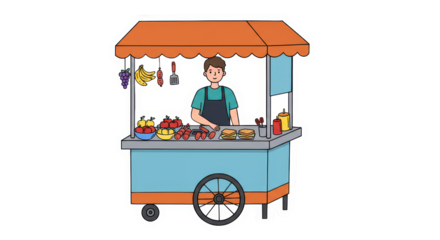 Street Food Vendor Cart Illustration with Fruits and Sausages