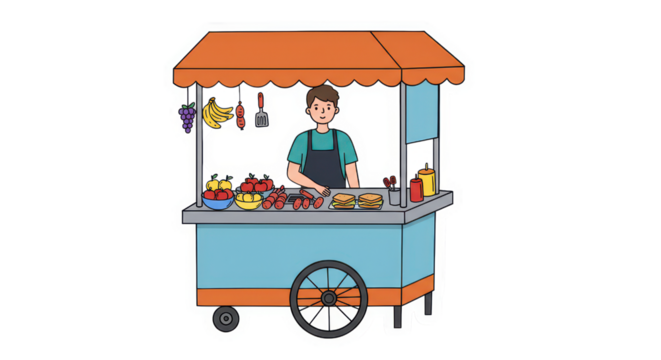 Street Food Vendor Cart Illustration with Fruits and Sausages