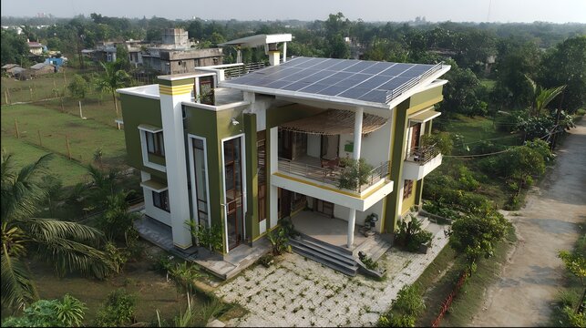 Modern green house with solar panels on the roof surrounded by lush greenery and trees in a rural setting - Powered by Adobe