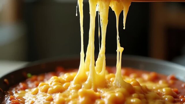 Melting cheese pull with textured strings and savory tension
