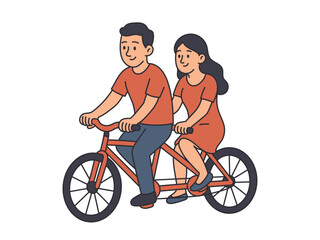 Cheerful Couple Enjoying a Fun Tandem Bike Ride: Vector Illustration of Two People Cycling Together, Emphasizing Teamwork, Healthy Lifestyle, and Happy Relationships