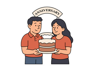 Vector illustration of couple celebrating anniversary with a birthday cake