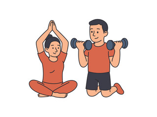 Couple practicing yoga meditation and stretching exercises in purple outfits vector illustration