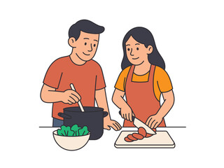Couple cooking together in modern kitchen preparing fresh salad and vegetables vector illustration