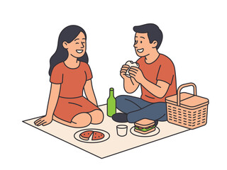 Couple enjoying a picnic on a blanket in a minimal vector illustration