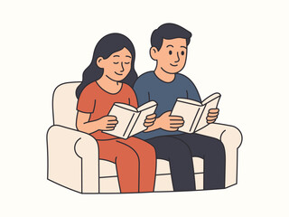 Couple reading books on sofa in flat design style vector art illustration