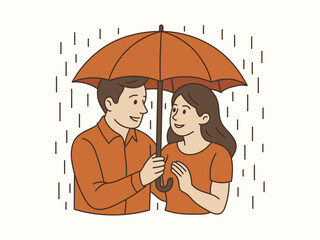 Vector Illustration Of Young Couple Sharing Umbrella on Rainy Day