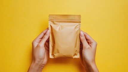 Brown ziplock snack pouch held by hands against a yellow backdrop for packaging mockup or food product presentation