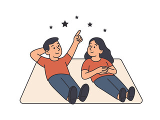 couple lying down pointing at stars in the night sky black and white illustration