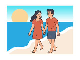 Vector illustration of couple taking a walk along the beach at sunset
