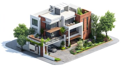 Modern architectural 3d rendering of a luxurious multi story residential house with lush green landscaping and a parked car