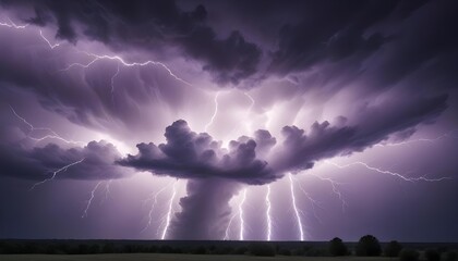 Intense lightning bolts illuminate a dramatic thunderstorm over a landscape at night.