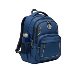 Fototapeta premium Stylish blue backpack with water bottle