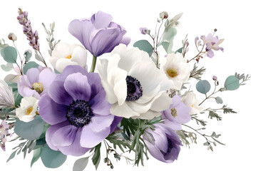 Chic watercolor bouquet with soft lavender, white poppies and greenery, great for bridal stationery, branding elements, and romantic design projects