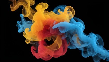 Colorful, swirling smoke artfully dances against a dark black backdrop in a dynamic display.