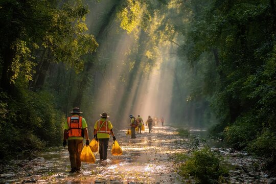 Workers cleaning up trash in stream in forest